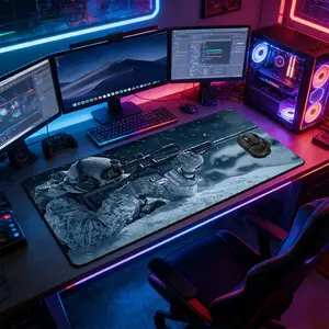 Trendy Dark Prone Snow Sniper Large Gaming Mouse Pad, Extended Non-Slip Rubber Base Desk Mat, Winter Tactical Shooter Design Computer Accessory, Durable Office Desk Pad for Home Office & Gaming Setup, Ideal Gift for Sniper & War Game Fans