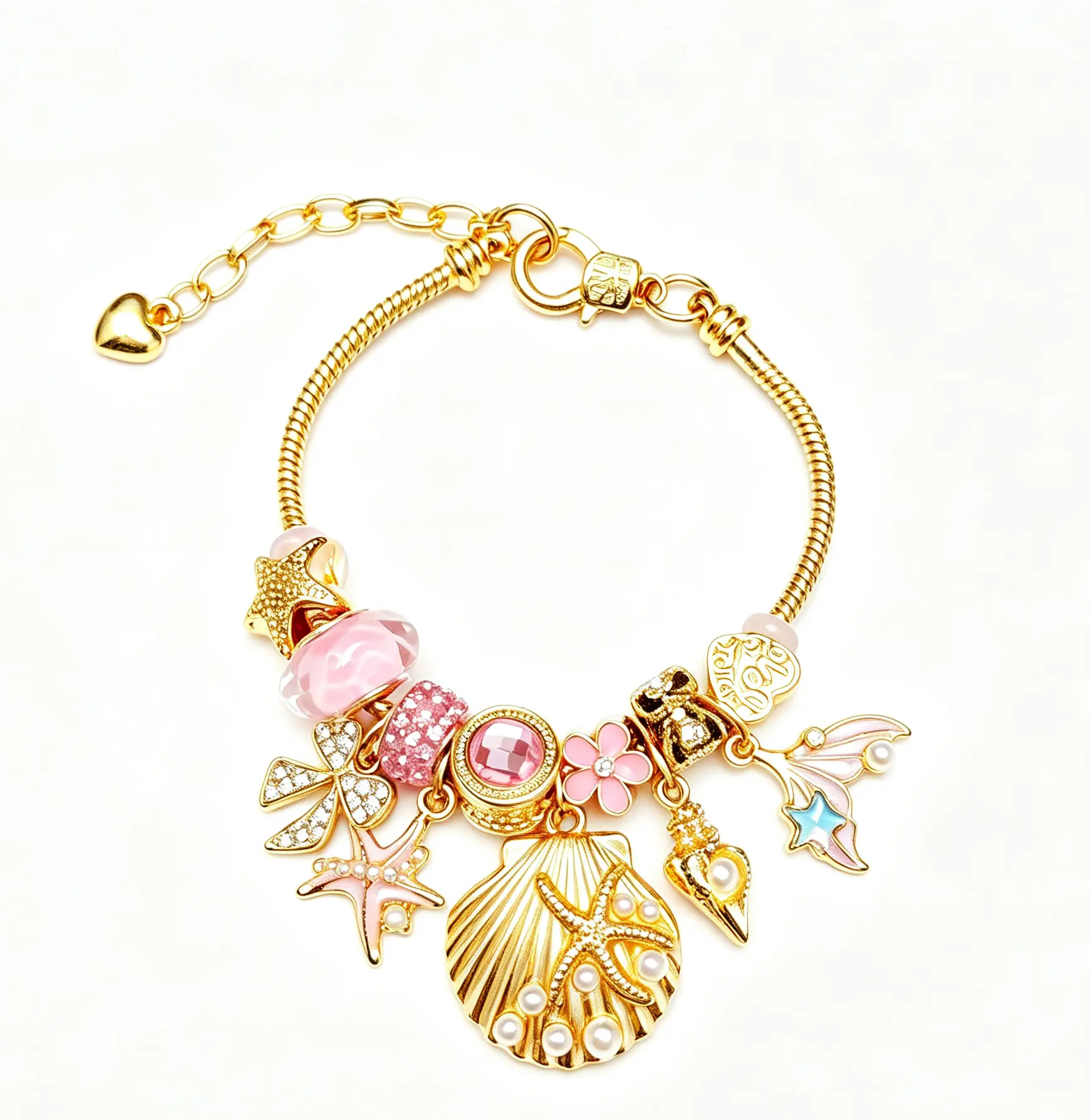 Ocean Mermaid Shell Charm Bracelet, Gold-Tone Adjustable Snake Chain Bracelet with Starfish Conch Pearl Dangle Charms, Pink Beach Themed Jewelry Gift for Women Girls