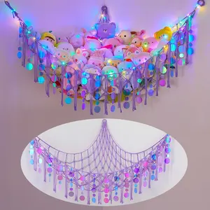 Stuffed  Hammock Net  Storage Organizer with LED Light, Stuffed  Storage Girls Room Decor Wall  with Sequins for  Bedroom  Playroom, Purple