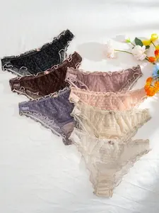 Women's 7pcs Mesh Lingerie Panties With Frilled Trim Cute-Innocence Briefs Multicolor Low Rise Knitted Fabric Hand Wash