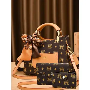 Women's Fashionable All Over Print Patched Design Handbag & Crossbody Bag & Wallet, Casual Trendy Versatile High-quality Daily Commuting Bag Set