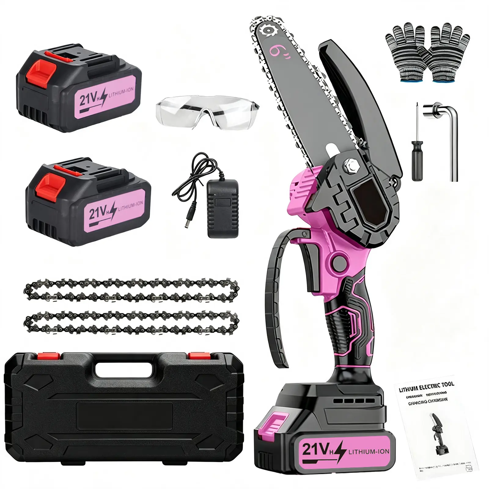 6-Inch Mini Cordless Chainsaw, Portable Rechargeable 21V Battery-Powered Chainsaw with 2 Lithium Batteries and Replaceable Chain, Powerful Cutting Performance for Gardening, Yard Work, and DIY Projects tool-free installation