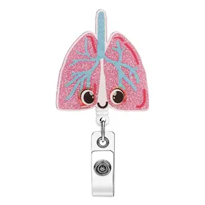 A retractable name tag buckle with a cartoon-shaped lung design, equipped with a retractable structure and a metal clip, suitable for medical-related scenarios, Nurse badge reel