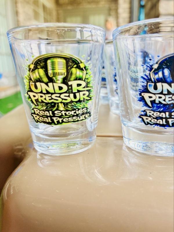 UND R PRESSUR™️ Shot Glass Collection - Premium Clear Glass with UV DTF Print - Real Stories Real Pressure - Perfect for Podcast Fans & Creators - Unique Gifts & Brand Merch - Drinkware, Mugs