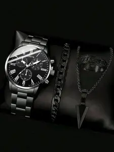 Executive Triple-Eye Chronograph with Geneva Wave Dial & Leather Band - A Refined Quartz Set for the Modern Man