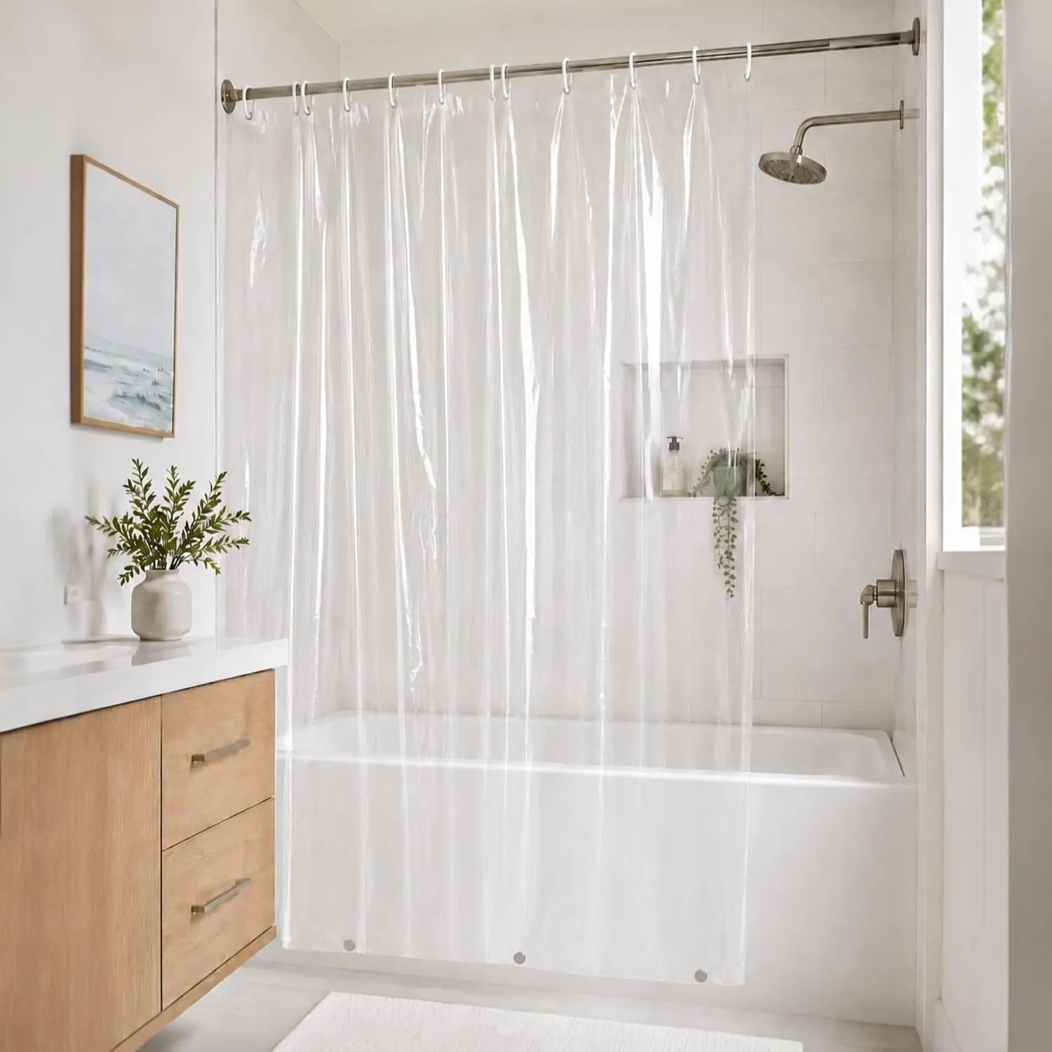 No-Hook Shower Curtain Liner - 8 Gauge Transparent PEVA, 72x72 in Waterproof Lightweight Plastic, Rustproof Reinforced Grommets, Easy-Install Modern Bathroom Decor, Hassle-Free Hanging Accessory (No Hook Shower Curtains Category)