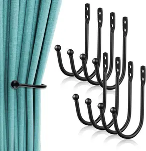 Black Curtain 8 PCS Tie Backs Decorative Drapery Holders for Wall, Curtains Holdbacks Vintage Rustic Style Decor U Shaped Curtain Pull Backs,Black, Come with Screws