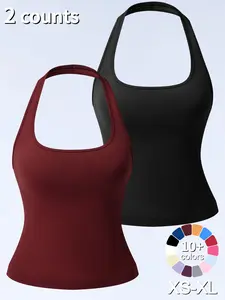 1/2/3 Pcs Women's Yoga Halter Neck Tank Top with Removable Pads, Three-Layer Seamless Backless Tank Tops Casual Solid Color Soft All Seasons Wear Fitness Vest Top