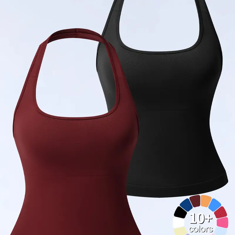 1/2/3/4 Pcs Women's Halter Neck Tank Top with Removable Pads, Three-Layer Seamless Backless Tank Tops Casual Solid Color Soft All Seasons Wear Workout Tank
