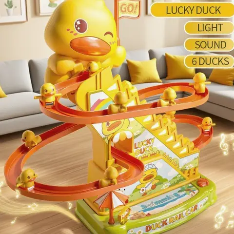 Duck Yellow Ducklings Climbing Stairs Toy with Track Fun Slide Track Electric Slide Toy with Light and Music Educational Toy Holiday Gift Birthday Gift Christmas Gift