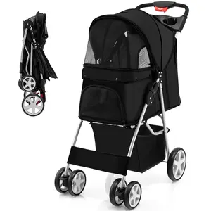 Giantex Folding Dog Stroller, Pet Stroller for Small Medium Dogs Cats Puppy, 4 Lockable Wheels Cat Stroller Travel Carrier Strolling Cart with Safety Belt, Removable Liner and Storage Basket (Black)