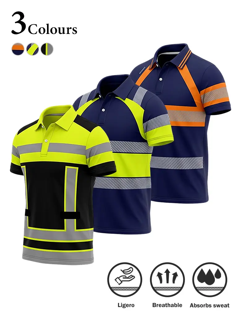 Men’s Reflective Safety Golf Shirts - Moisture Wicking Shirts, Neon, Breathable, Strip Pattern, Unisex Fit, Outdoor Sport Sporty Tops, Men's Clothing, Sporty Sports Tops
