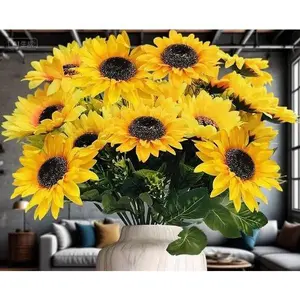 4 Pack Artificial Sunflower Bouquet, Faux Fall Flowers for Vase Wedding Table Decor, Silk Mums Arrangement for Home Outdoor Cemetery, Summer and Autumn Decoration, Reusable Waterproof UV Resistant