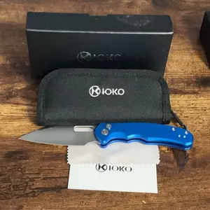 EDC KIOKO Folding Knife, Button Lock Pocket Knife with 3.46'' sheep foot style blade, Blade, blue aluminum scales, Handle, Low Profile Clip for EDC !!