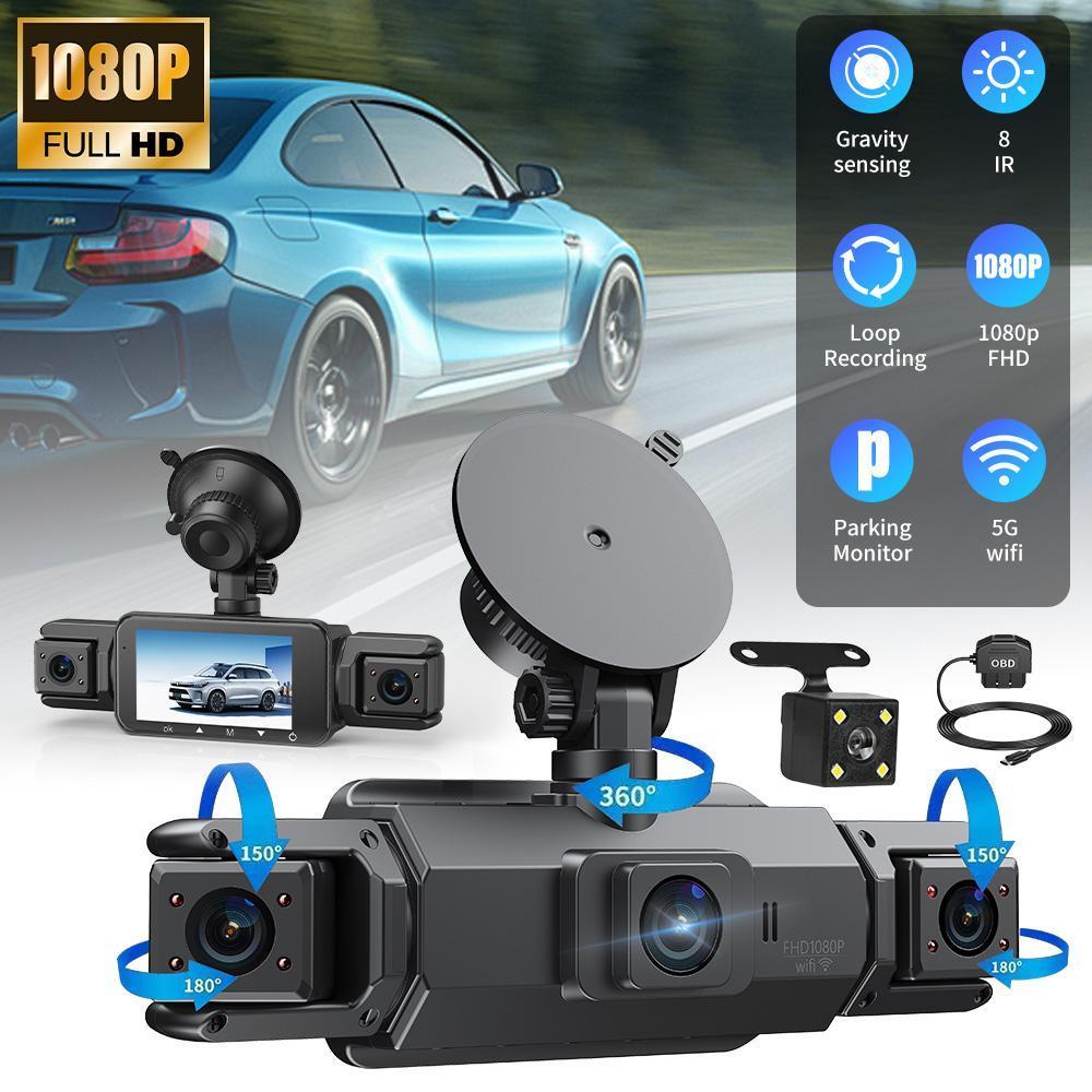 1080P 4 Channel Dash Cam WiFi, Quad Camera Car DVR with 64GB Card, 3.0" IPS Screen, OBD Power, Full View Recording