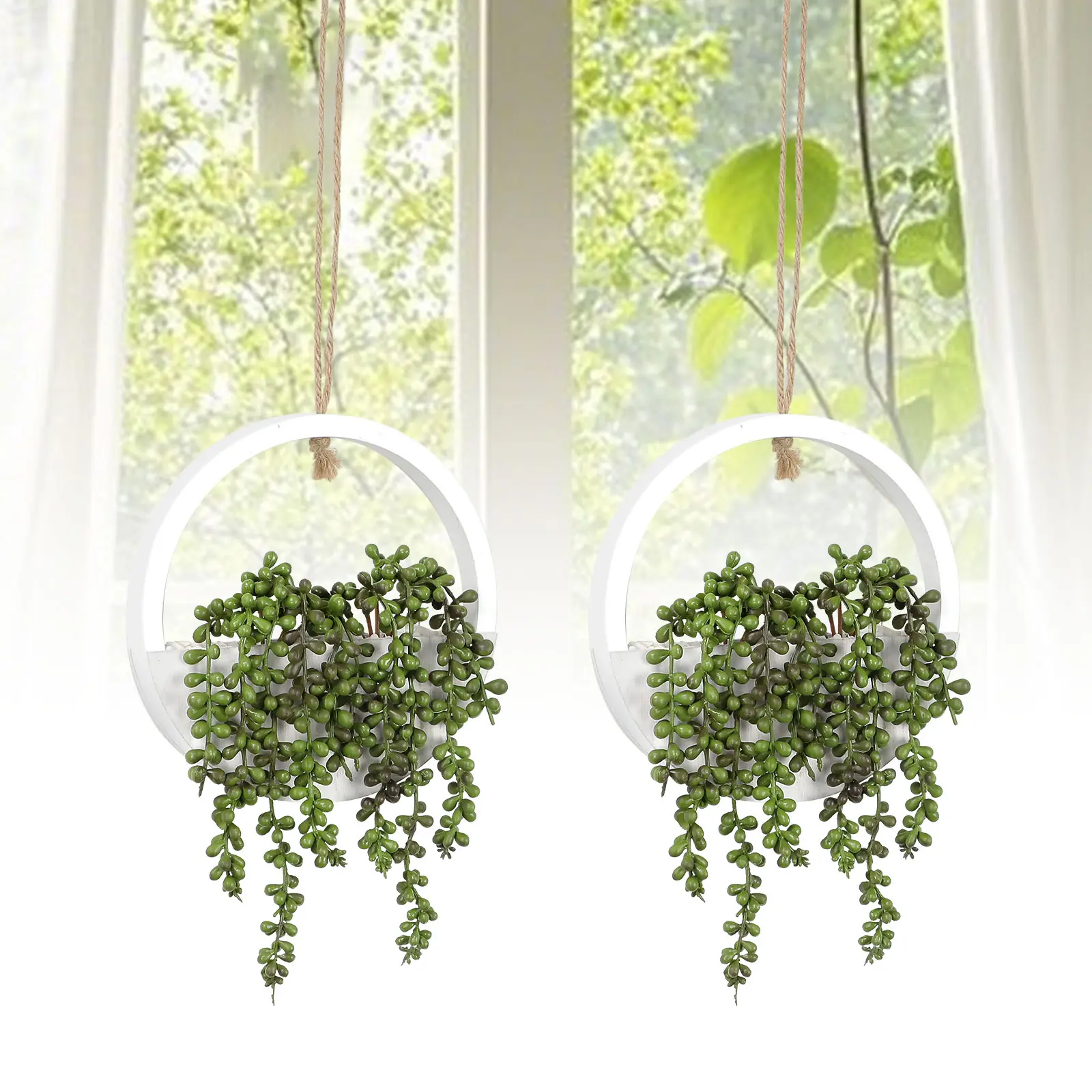 2pcs Nature Decorative Round Artificial Hanging Plants with Lights - Fake Succulents & String of Pearls in Pot with Lanyard, Boho House Decor Gift for Living Room Bathroom, Artificial Plants