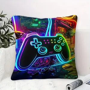 Future Technology Aesthetics Cyberpunk Neon Glowing Gaming Controller Plushie Cushion 1 Pc with Inserts, 45cm Square Pillow, Soft Zippered Design, Perfect Gift for Boys & Gamers, Bedroom & Sofa Use