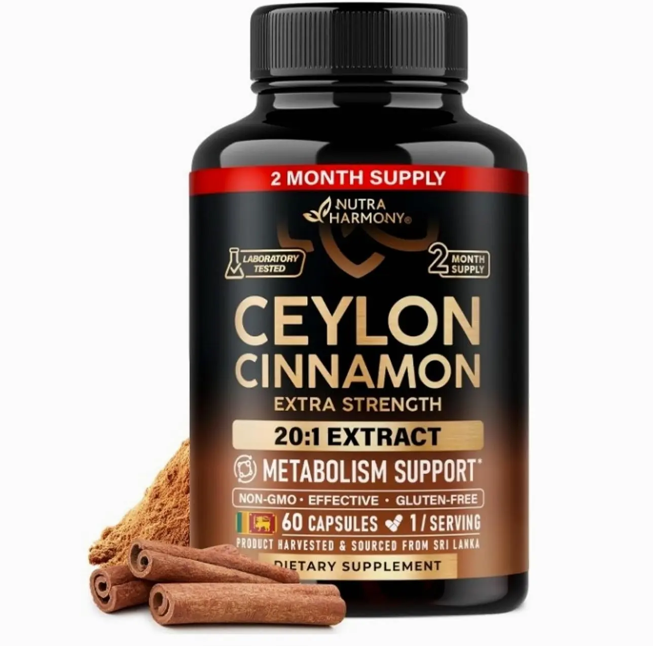 Ceylon Cinnamon Capsules - Energy Heart & Metabolism Support - 60 Capsules | Pure Natural Cinnamon Supplement for Men & Women - Extra Strenght 20:1 Extract - GMO & Gluten-Free - 2-Month Supply