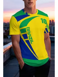 Men's Brazil Flag Color T-Shirt, Lemon Breathable Sports Shirt, Football Gym Wear, Durable Fabric, Short Sleeve Casual Top, Gym Workout Wear