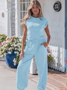 Womens Beau Blue Solid Color 2 Piece Outfits Cropped Tank Top and Jogger Pants Set with Pockets Stretchy Loungewear Valentine's Day Gift