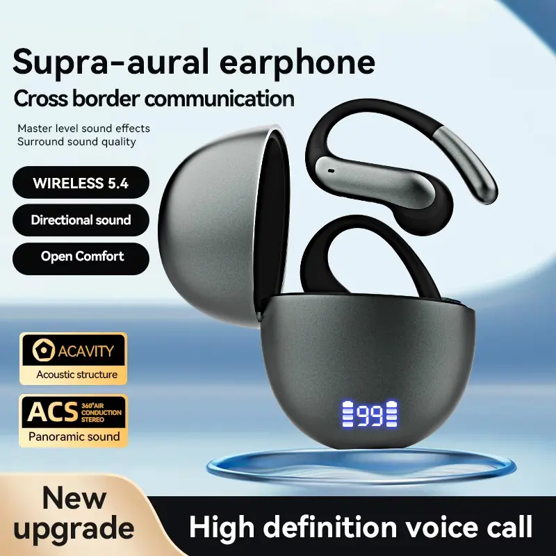 New Upgrade ACS 360° Air Conduction Open Ear Headphones, 45dB Noise Reduction Bluetooth 5.4 Earbuds, Composite Diaphragm Deep Bass Sport Earphones, LED Power Display Charger Box Sweat Resistant Running Headsets