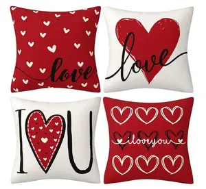 Valentines Day Decor - Throw Pillow Covers Set of 4 - 18x18 Inches - Pink Polyester Linen - Ideal for Valentine's Day Home Decor