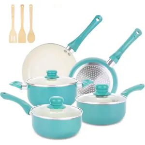 Pots and Pans Set Nonstick, 11pcs Kitchen Cookware Sets Induction Cookware, Ceramic Non Stick Cooking Set, Stay Cool Handle & Bamboo Kitchen Utensils, 100% PFOA Free, Turquoise