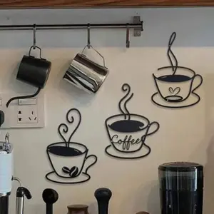 3-Piece Metal Coffee Cup Wall Art Set, Cultural Theme Hanging Decorations for Living Room Dining Room Indoor Home Decoration, Modern Home Decor, Home Decor Accessory