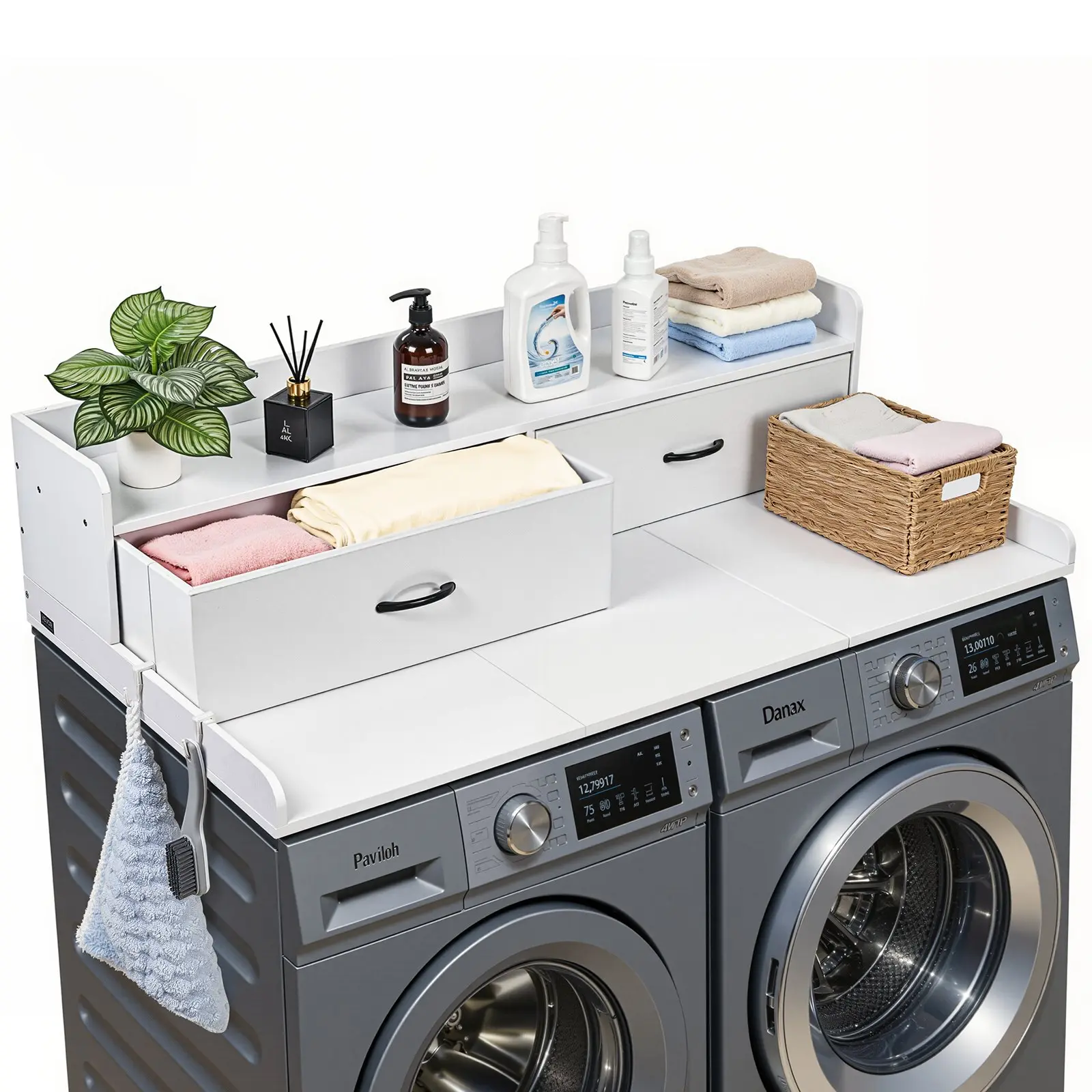 【Summerfinds】VEVOR Modern Multifunctional P2 Grade Particle Board Washer Dryer Combo Countertop, 54x27.5x12in Topper with Shelf Support, 2 Drawers, 2 Hooks, 250 lbs Capacity for Storage Space in Laundry Room
