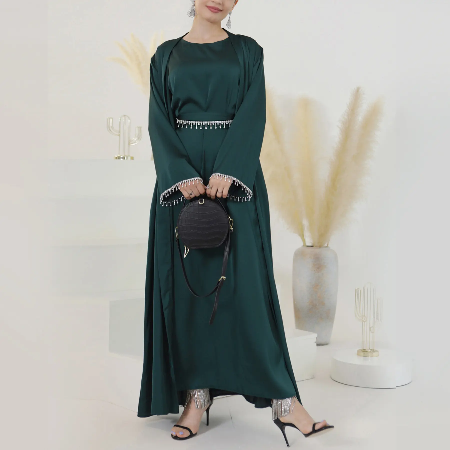 2pcs Satin abaya set EID abaya with Rhinestone and Waist Chain