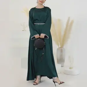 2pcs Satin abaya set EID abaya with Rhinestone and Waist Chain