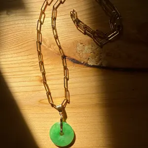 24k Gold Filled Paper Clip Necklace with Round Jade Pendant for Women