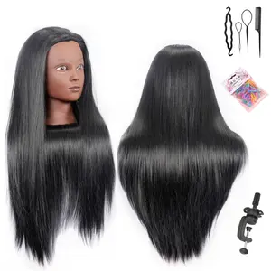 26"-28'' Mannequin Head Hair Styling Manikin Cosmetology Doll Head Synthetic Fiber Hair Hairdressing Training Model with Free Clamp Exquisite Gift (black)