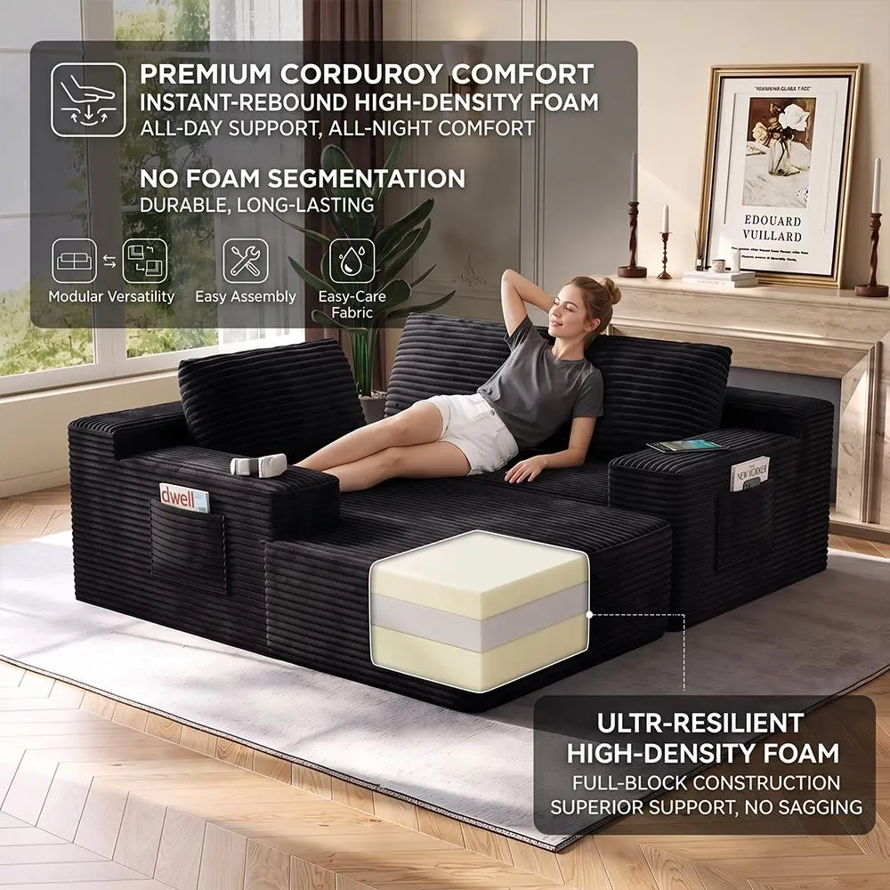 96-Inch L-Shaped Modular Corduroy Sofa with Chaise, Moderate Deep Seat, Vacuum-Packed, No-Assembly Indoor Furniture for Apartments & Condos