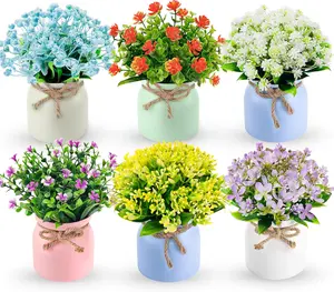 Der Rose 6-Pack Small Artificial Fake Plants with Flowers in Plastic Macaron Pots, Home Decor Ornaments for Bathroom, Office Desk Decoration Accessories