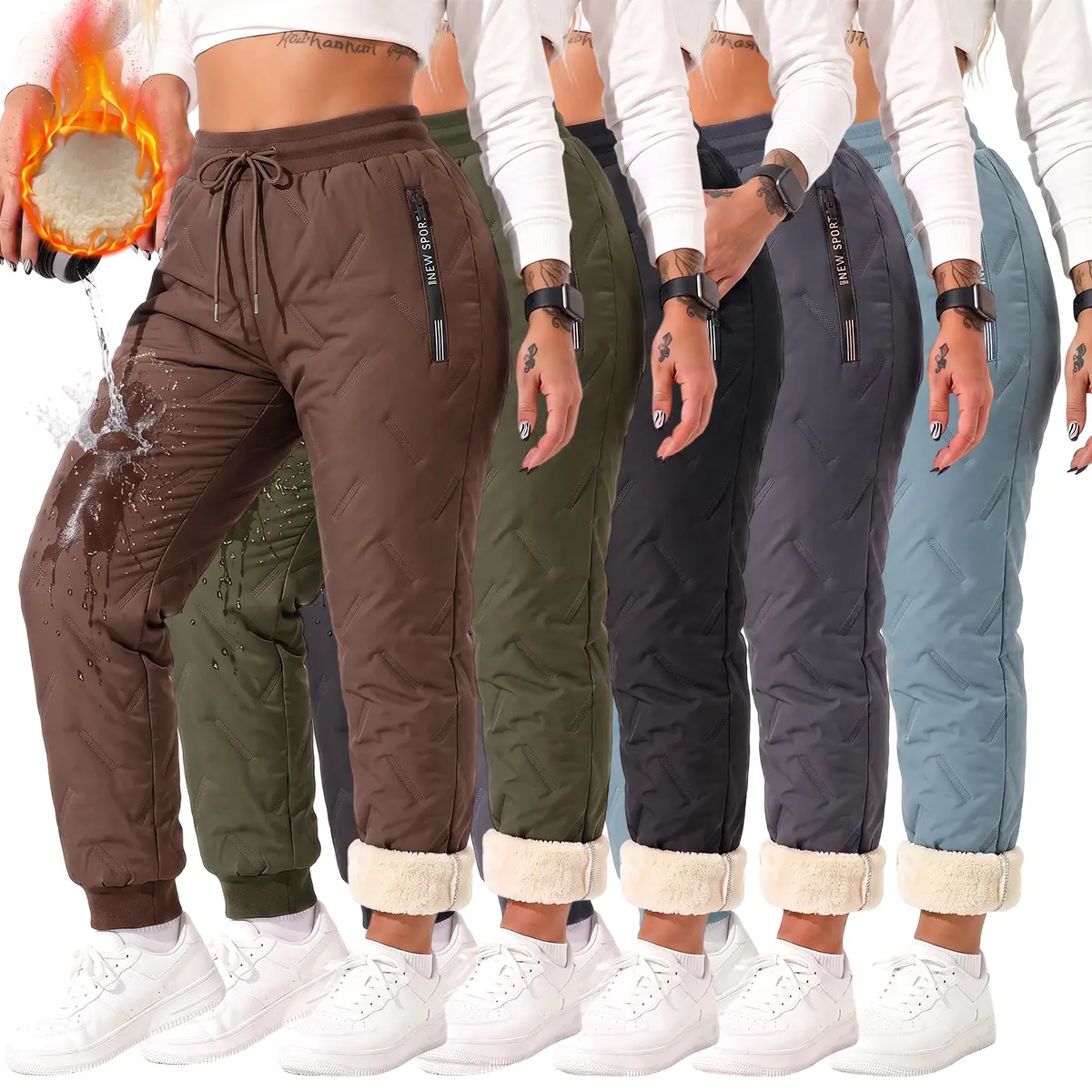 JOGWAVE 5PCS Women’s fleece-lined winter long pants, loose fit with zippered pockets, warm casual trousers suitable for everyday wear and outdoor activities, Christmas gift