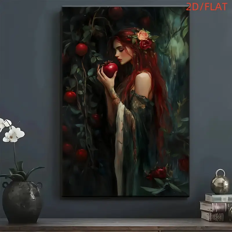 2D Flat - 1 Set, Persephone and Pomegranate Canvas Oil Painting Art Print Poster - Dark Academy, Melancholy Victorian Style, Greek Mythology Floral Wall Decoration, Modern Wall Art Decorative Painting, Suitable for Living Room, Bedroom, Bathroom, Home, Of