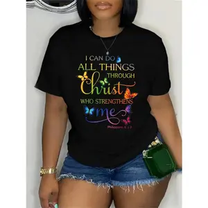 Plus Size Butterfly & Letter Print T-Shirt Casual Short Sleeve Top For Spring & Summer Women's Plus Size Clothing