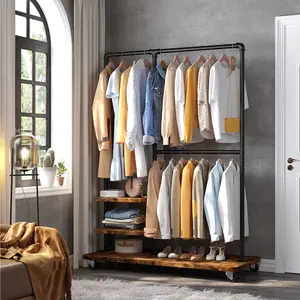 Raybee Clothing Rack Heavy Duty Clothes Rack 400LBS Rolling Garment Rack with Shelves, Industrial Clothing Rack with Shelves, Portable Adjustable Clothes Rack for Hanging Clothes, Rustic Brown