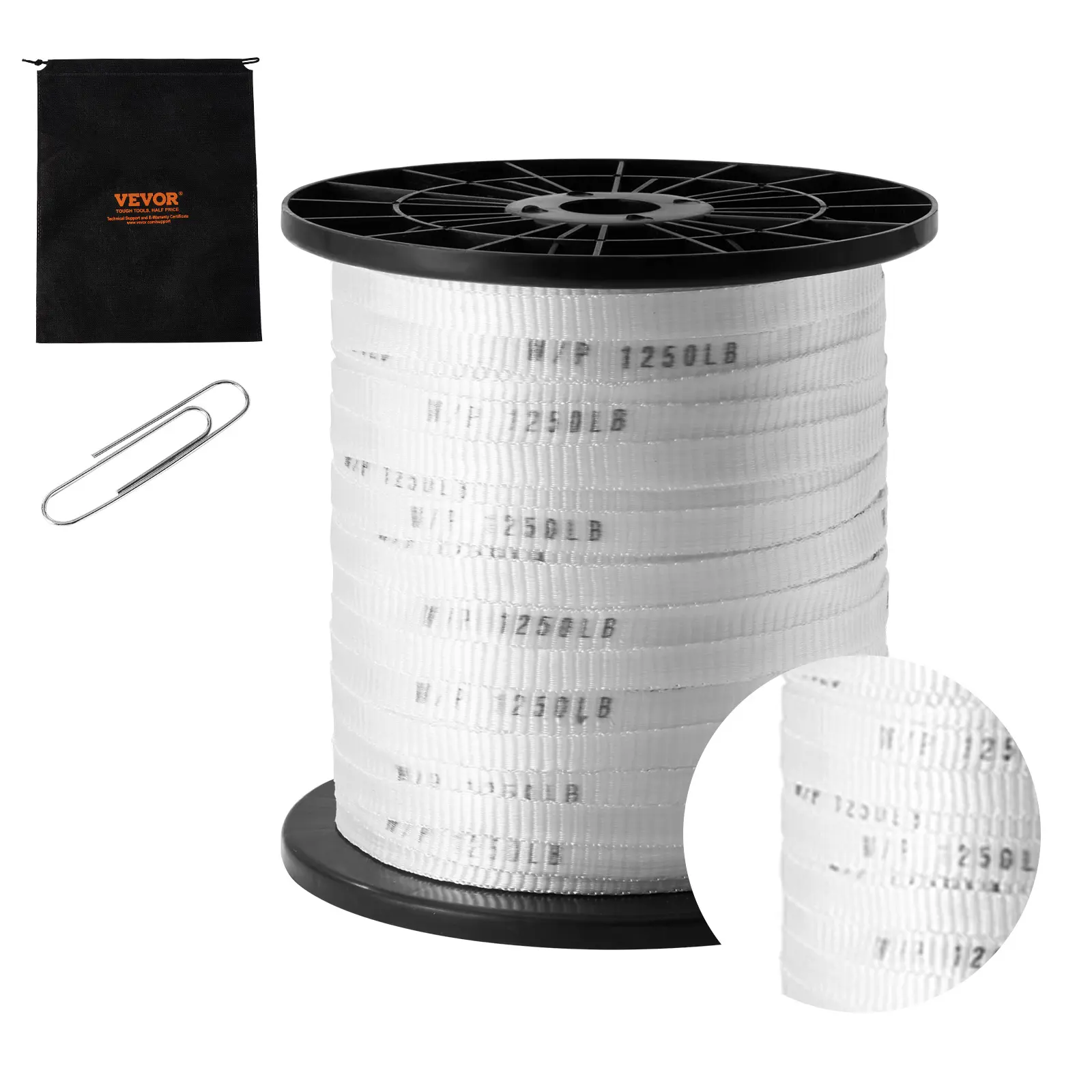 VEVOR Polyester Pull Tape, 1/2" x 528' Mule Tape Flat Rope, 1250 lbf Tensile Capacity, Printed Webbing Cable Pulling Tape for Packaging, Gardening, Commercial Electrical, Conduit Work, White