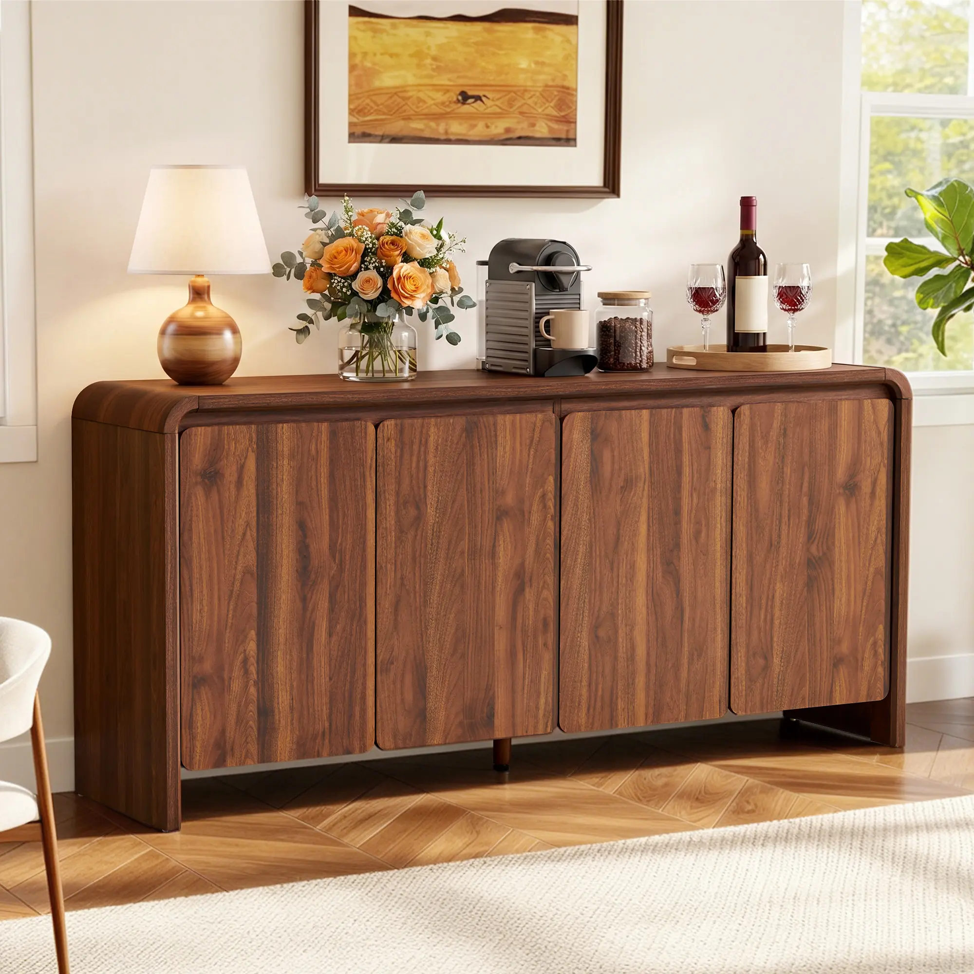 Giratree 63" Sideboard Buffet Cabinet with Storage, Mid Century Modern Walnut | Sideboard Accent Cabinet with 4 Doors, Curved Profile Design, Large Credenza Storage Cabinet for Living Room Hallway Kitchen