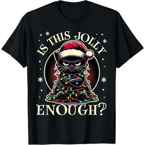 Is This Jolly Enough Funny Black Cat Christmas Tree Lights T-Shirt