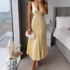 Summer 2025 Elegant V‑Neck Sleeveless Hollow Backless Pleated Satin A‑Line Slip Dress for Women — Formal, Fitted, Workwear, Basic, Minimalist, Yellow, Fashionable, Casual