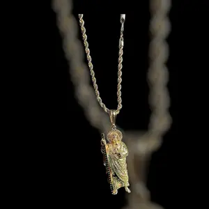 XL San Judas Tadeo Necklace with 14k Gold Plating, Featuring Green, Black, White Stones, Not Real Gold