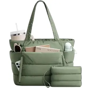 Quilted Puffer Tote Bag with Matching Pouch, Large Capacity Multi-Pocket Shoulder Purse, Lightweight Handbag for Work, School, Travel and Daily Commute