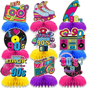 9 PCS 90's Disco 3D Honeycomb Party Centerpiece Decorations Back To 90s Disco Party Decorations Table Paper Centerpieces for Neon Night Birthday Hip Hop Props Nostalgic Birthday Party Supplies, 90s Disco Party Photo Prop, Birthday Party Favors