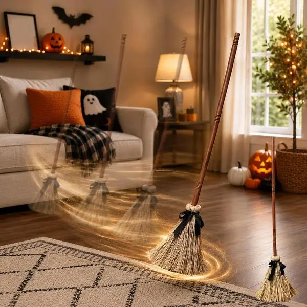 49" Animated Floating Lighted Witch Broom - Halloween Indoor Decor with Spooky Sound-Mute Switch, Insert Design, Broom Shape for Home Party, Haunted House Gift (1PC), Decorative Item