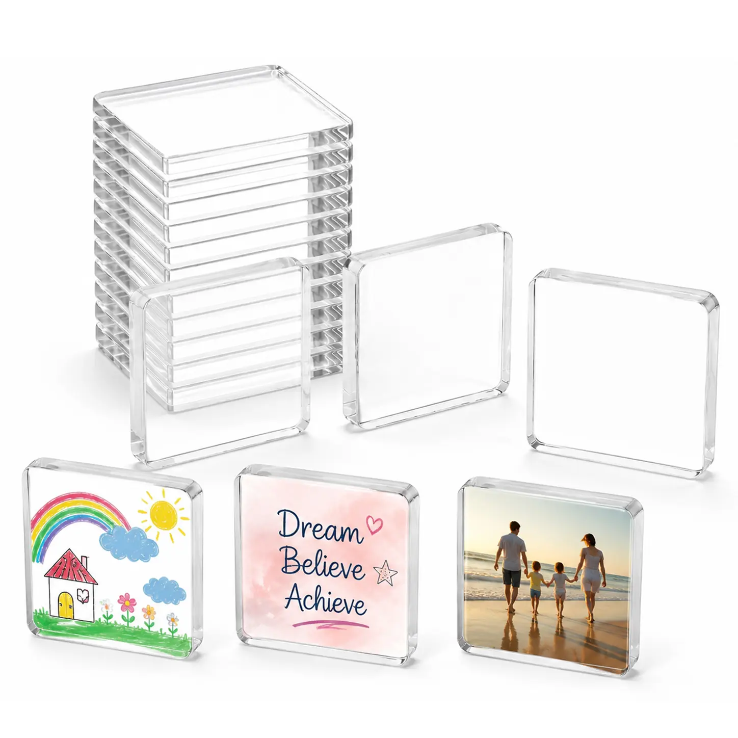 10-Pack Clear Acrylic Fridge Magnets - DIY Magnetic Photo Frames with Magnet & Adhesive Backing, Bulk Craft Kit Including 26 Blank Cards & Organizer Box for Office Decoration, Gifts