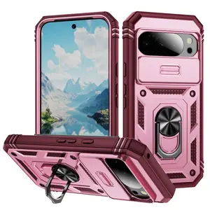 [KQ]For Google Pixel 8 / 9 /10Pro XL Case Slide Camera 2 In 1 Heavy Duty Shockproof Cellphone Back Cover With Finger Ring Stand Privacy Lens Protective Smartphone Phonecase