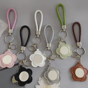 SleekHush 4pcs Flower-Shape PU Leather Keychain with Compact Makeup Mirror, Cute Portable Sports & Outdoor Protective Gear Bag Charm